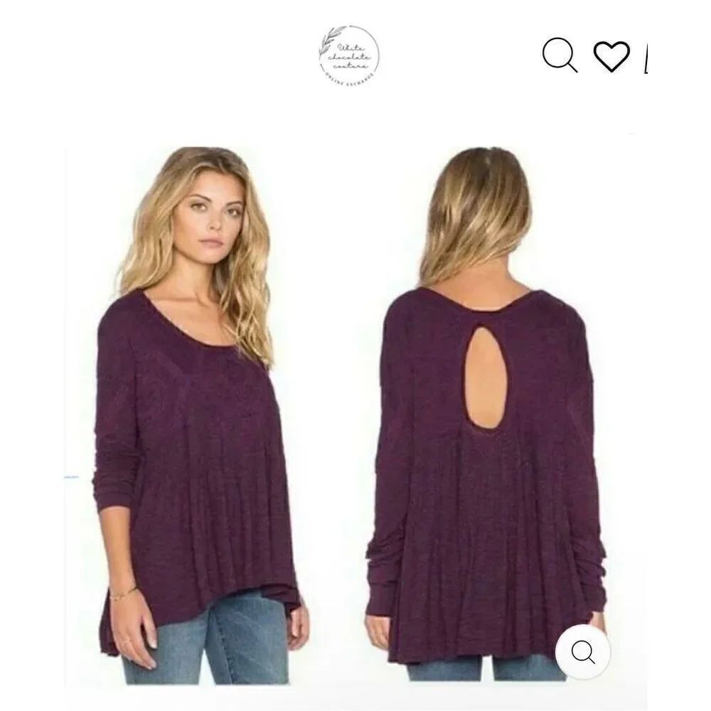 Free people lace trimmed distressed purple babydoll boho keyhole on back top S